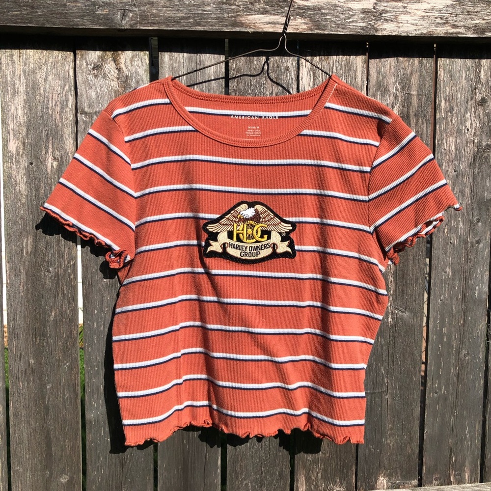 Upcycled Harley-Davidson patch on American eagle Orange Striped Crop Top